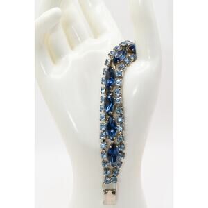 Vintage Blue Rhinestone Bracelet Marquise Chaton Rhodium 7"